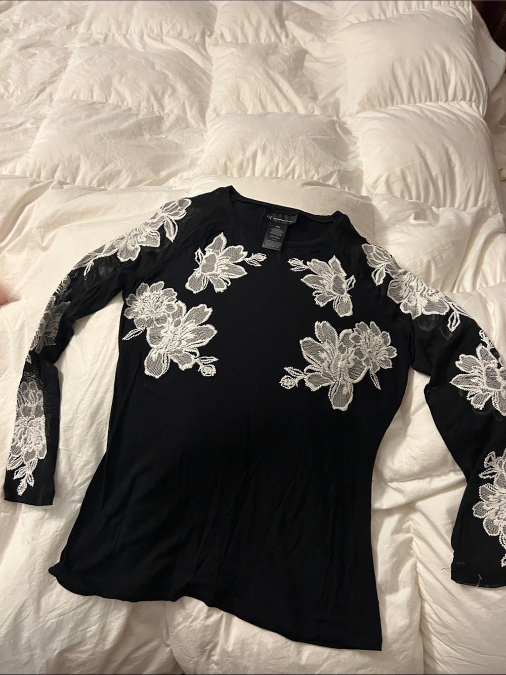 INC International Concepts Black Long-Sleeve Top with White Floral Appliqué